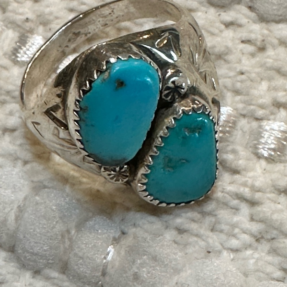 Silver and Blue Turquoise Ring with Native American Design Size 7